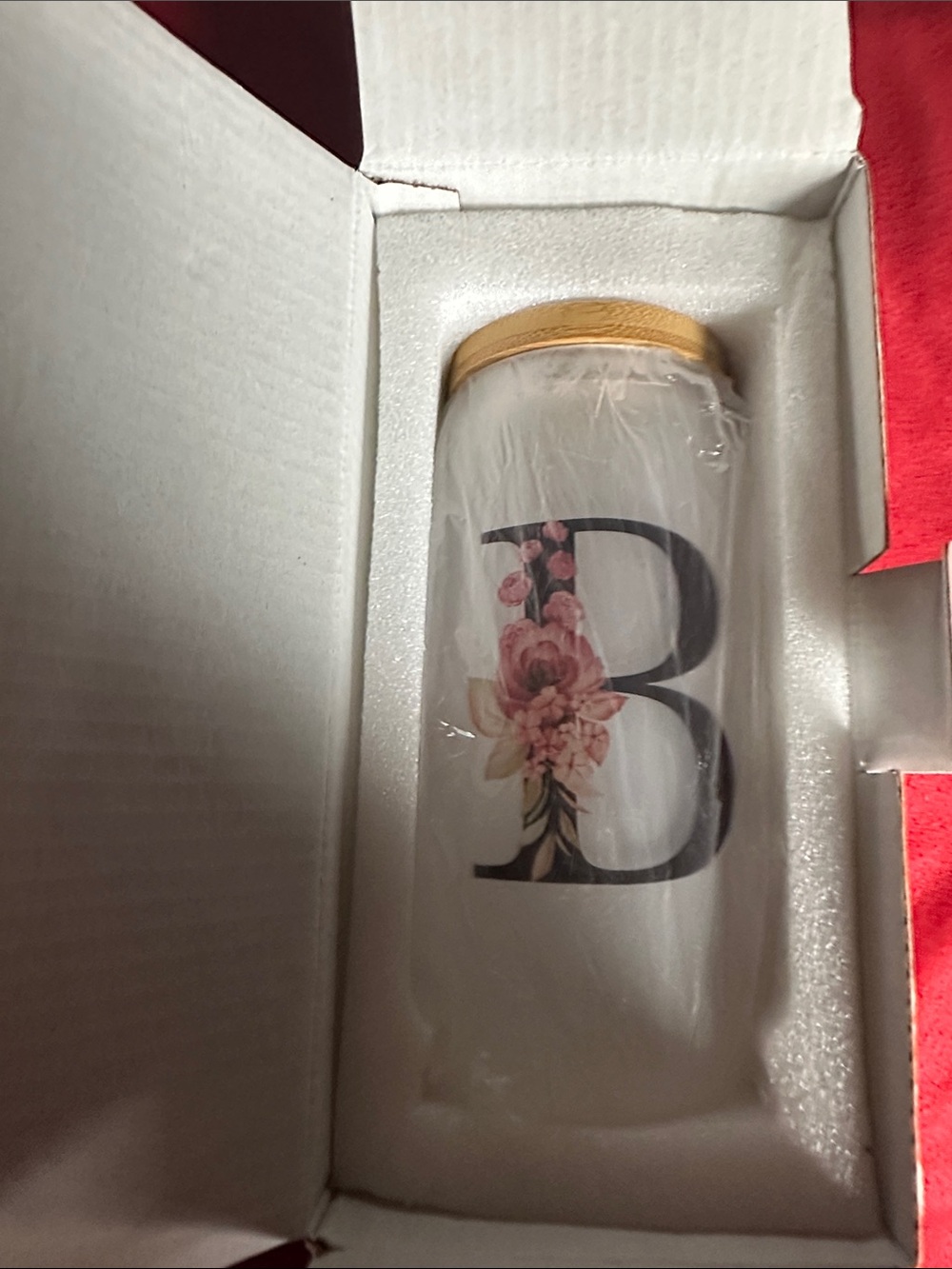 Monogram Floral 'B' Frosted Bottle with wooden Lid 3 straws and cleaning tool - Picture 8 of 8